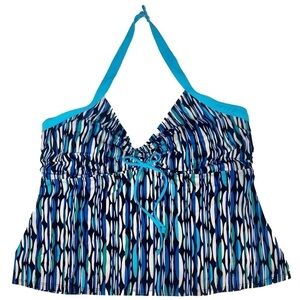 Tropical Escape Halter Top Tankini Black, Blue and White Stripes Plus Size 20